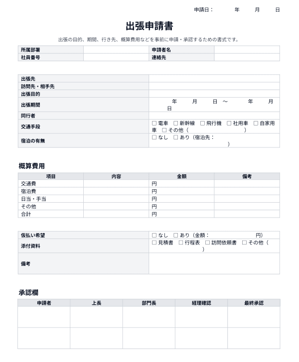 出張申請書テンプレートのサンプル