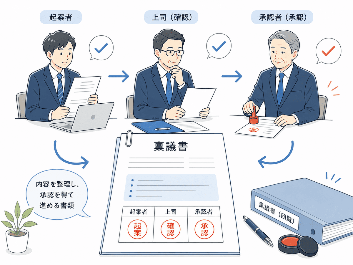 稟議書の承認フローを表したイラスト